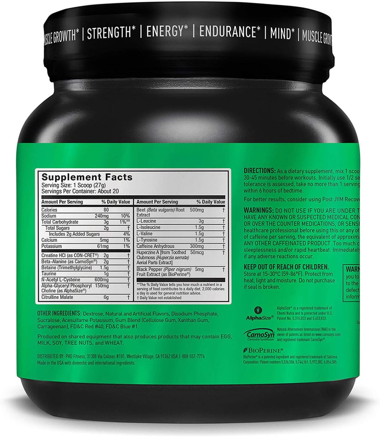 JYM Pre Workout Powder with BCAAs, Creatine HCI, Citrulline Malate, Beta-Alanine, Betaine | Rainbow Sherbert Flavor | 20 Servings
