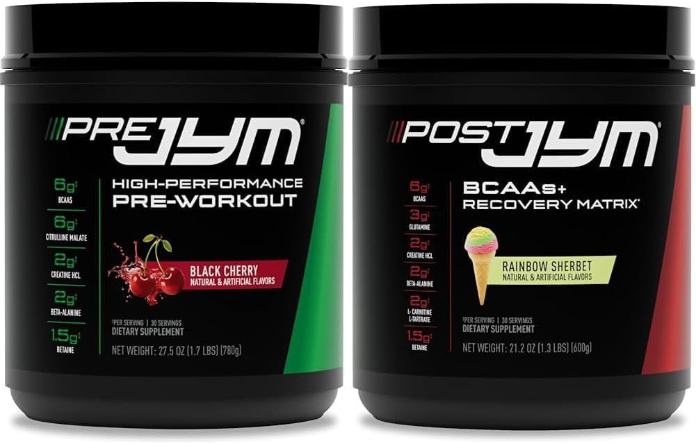 JYM Supplement Science Pre and Post Workout Bundle - Black Cherry & Rainbow Sherbet Flavors, 30 Servings for Muscle Recovery