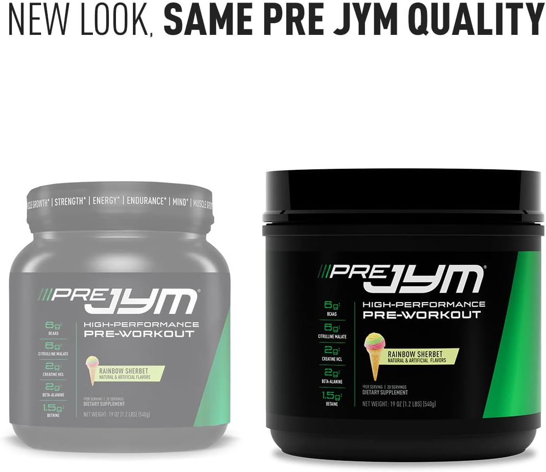 JYM Supplement Science Pre JYM Rainbow Sherbet Pre Workout Powder - Men & Women, BCAAs, Nootropics, Creatine HCI, Citrulline, Beta-Alanine, Betaine, Taurine, Huperzine - 20 Servings