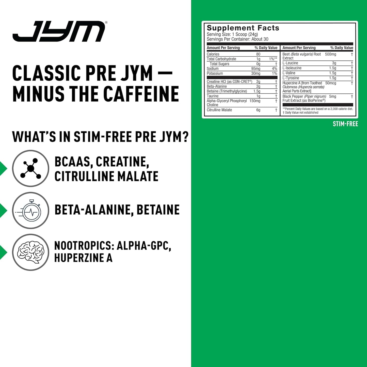 JYM Supplement Science Pre JYM Stim-Free Watermelon Strawberry Pre-Workout Powder with Creatine & BCAA's - Caffeine-Free Energy Boost - 30 Servings