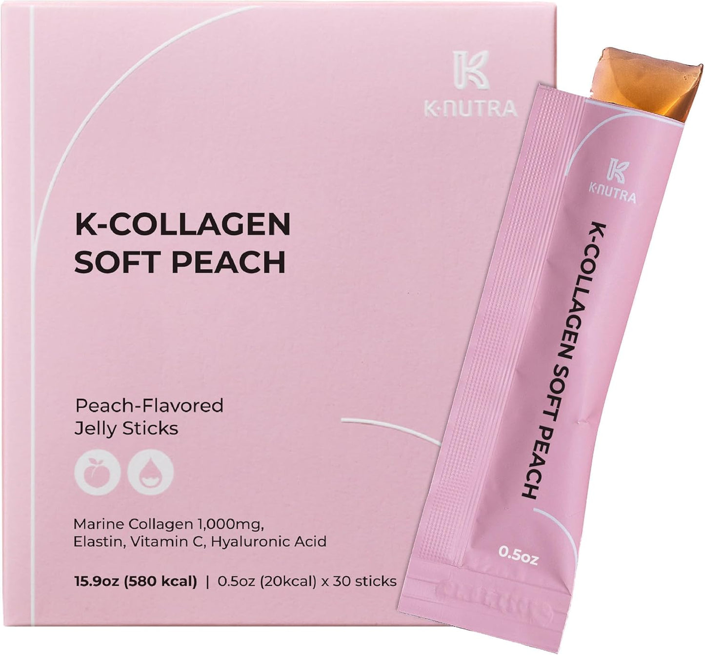K Nutra K-Collagen Soft Peach 15.9oz - Marine Collagen & Vitamin C for Skin, Hair & Nails - 30 Sticks for Fast Absorption