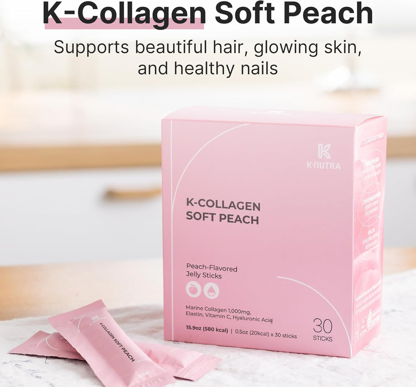 K Nutra K-Collagen Soft Peach 15.9oz - Marine Collagen & Vitamin C for Skin, Hair & Nails - 30 Sticks for Fast Absorption