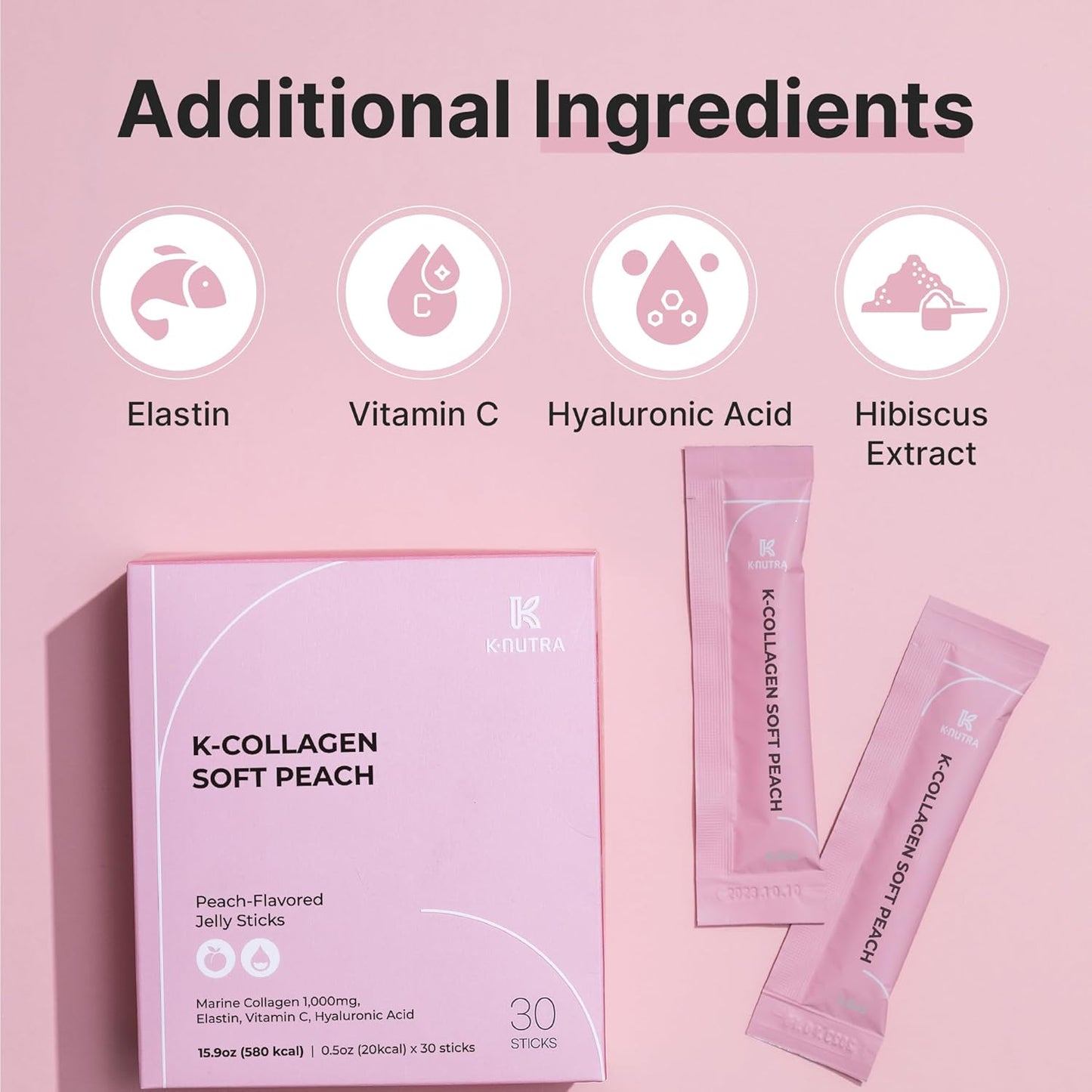 K Nutra K-Collagen Soft Peach 15.9oz - Marine Collagen & Vitamin C for Skin, Hair & Nails - 30 Sticks for Fast Absorption