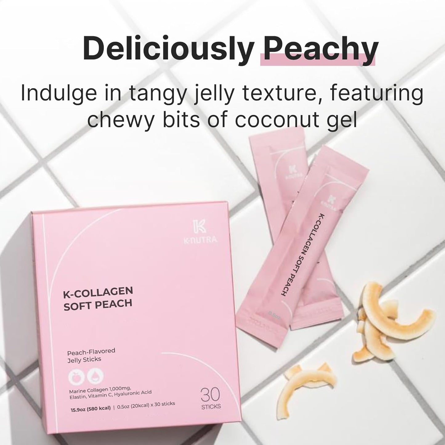 K Nutra K-Collagen Soft Peach 15.9oz - Marine Collagen & Vitamin C for Skin, Hair & Nails - 30 Sticks for Fast Absorption