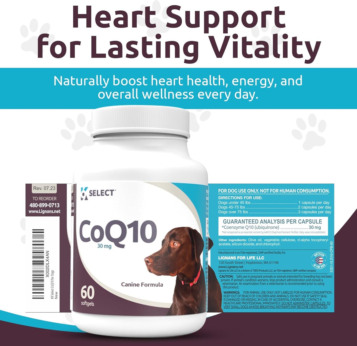 K9 CoQ10 Soft Gel Supplement for Dogs, 30mg - 60 Soft Gels per Bottle - Pet Nutritional Softgels for Heart, Cardiovascular & Gum Health, Energy Boost