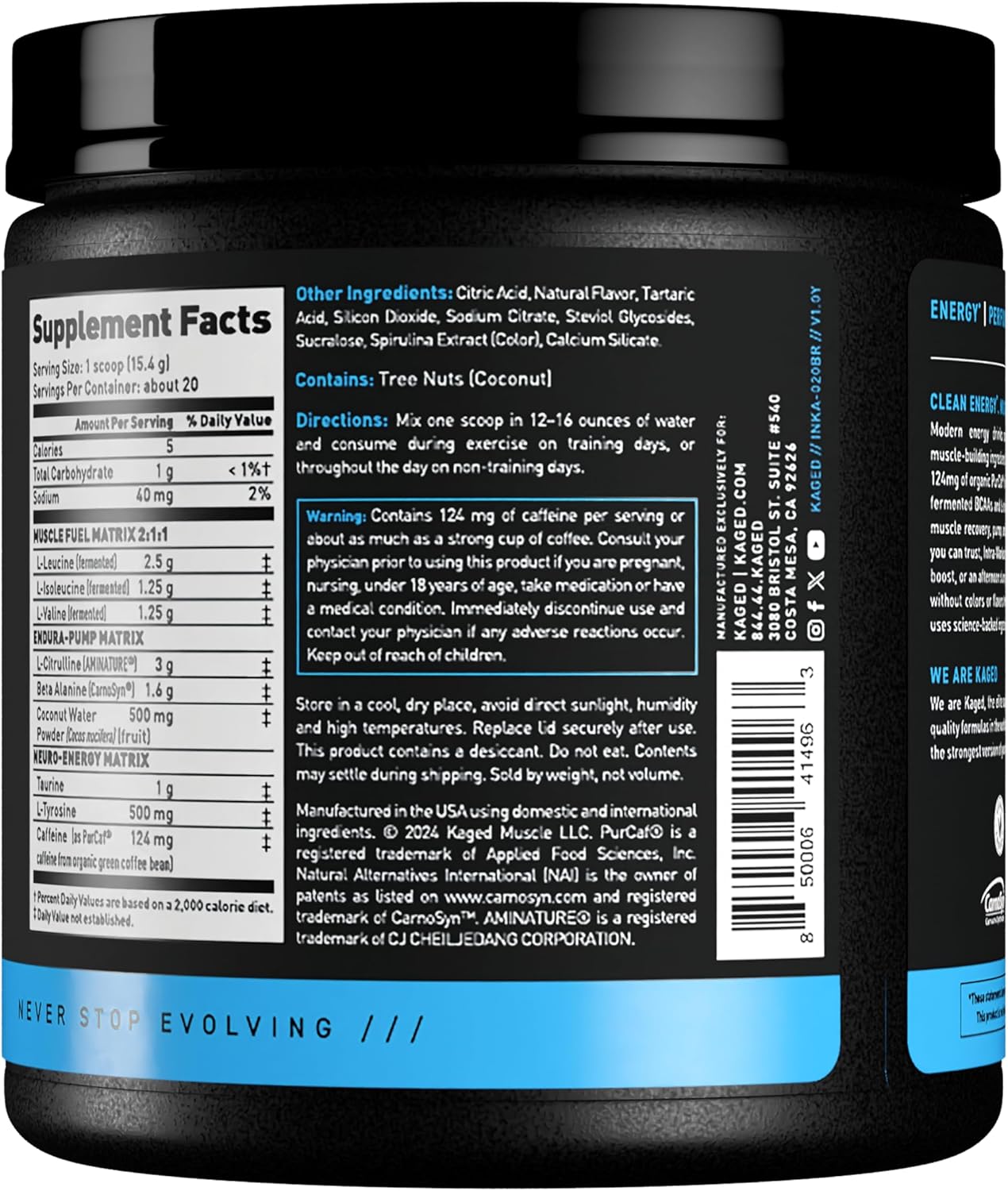 Kaged Intra-Workout Powder with BCAAs, L-Citrulline, Beta-Alanine, and Organic PurCaf® Caffeine for Endurance - Blue Raspberry Flavor