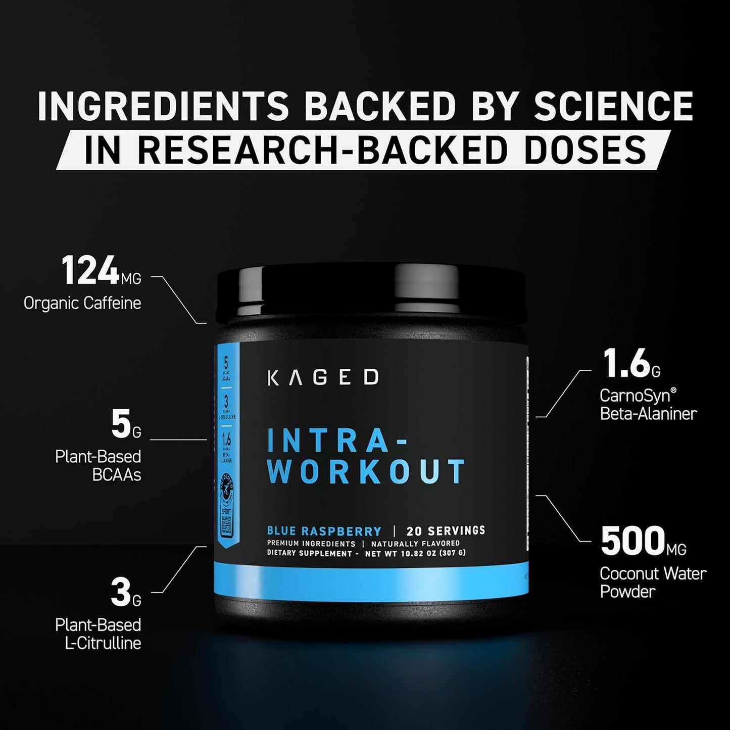 Kaged Intra-Workout Powder with BCAAs, L-Citrulline, Beta-Alanine, and Organic PurCaf® Caffeine for Endurance - Blue Raspberry Flavor