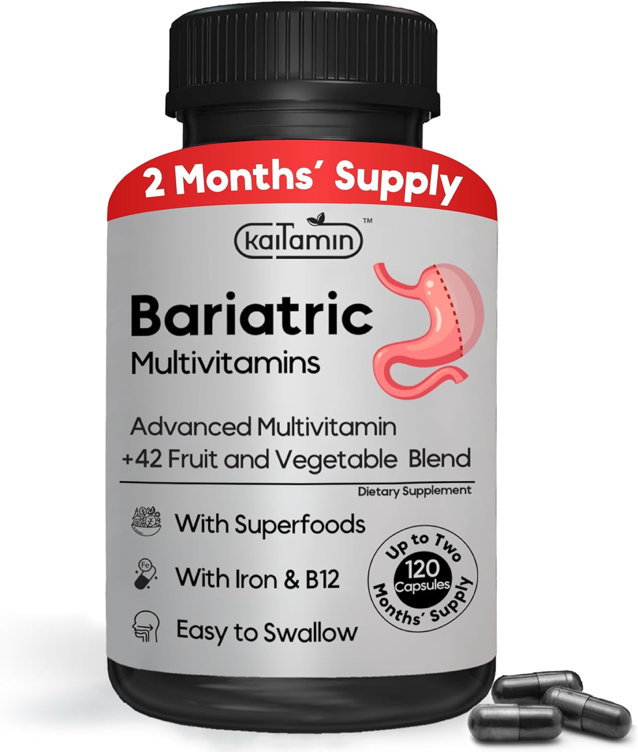 Kaitamin Bariatric Multivitamin with Iron - Liquid Capsules, 42 Fruit & Veggie Blend - 120 Capsules, 2 Month Supply