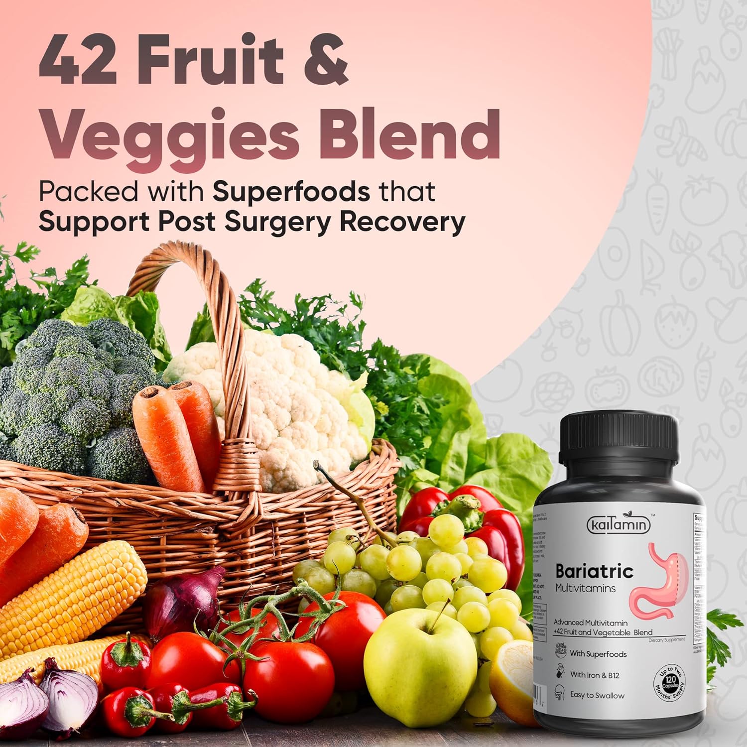 Kaitamin Bariatric Multivitamin with Iron - Liquid Capsules, 42 Fruit & Veggie Blend - 120 Capsules, 2 Month Supply