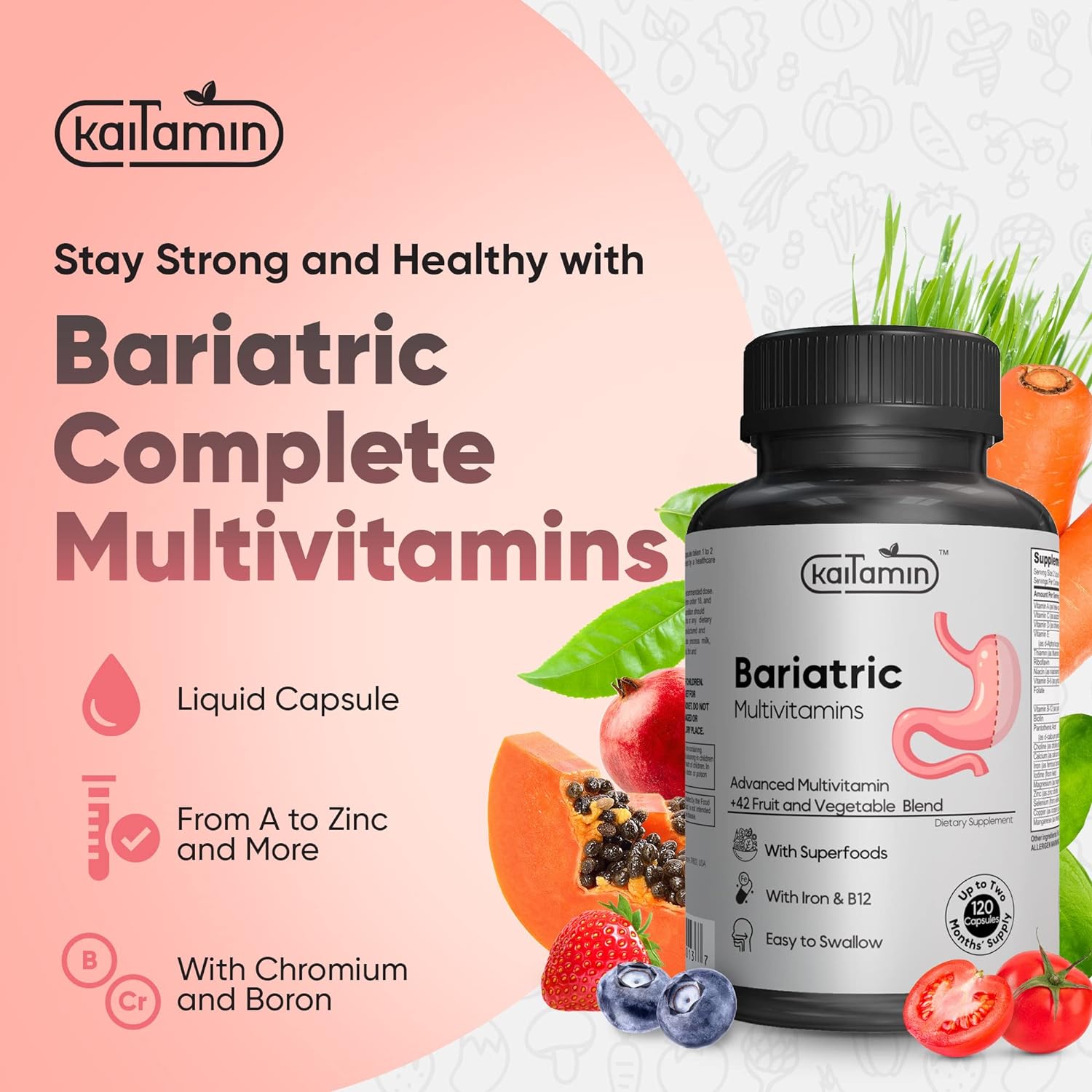 Kaitamin Bariatric Multivitamin with Iron - Liquid Capsules, 42 Fruit & Veggie Blend - 120 Capsules, 2 Month Supply