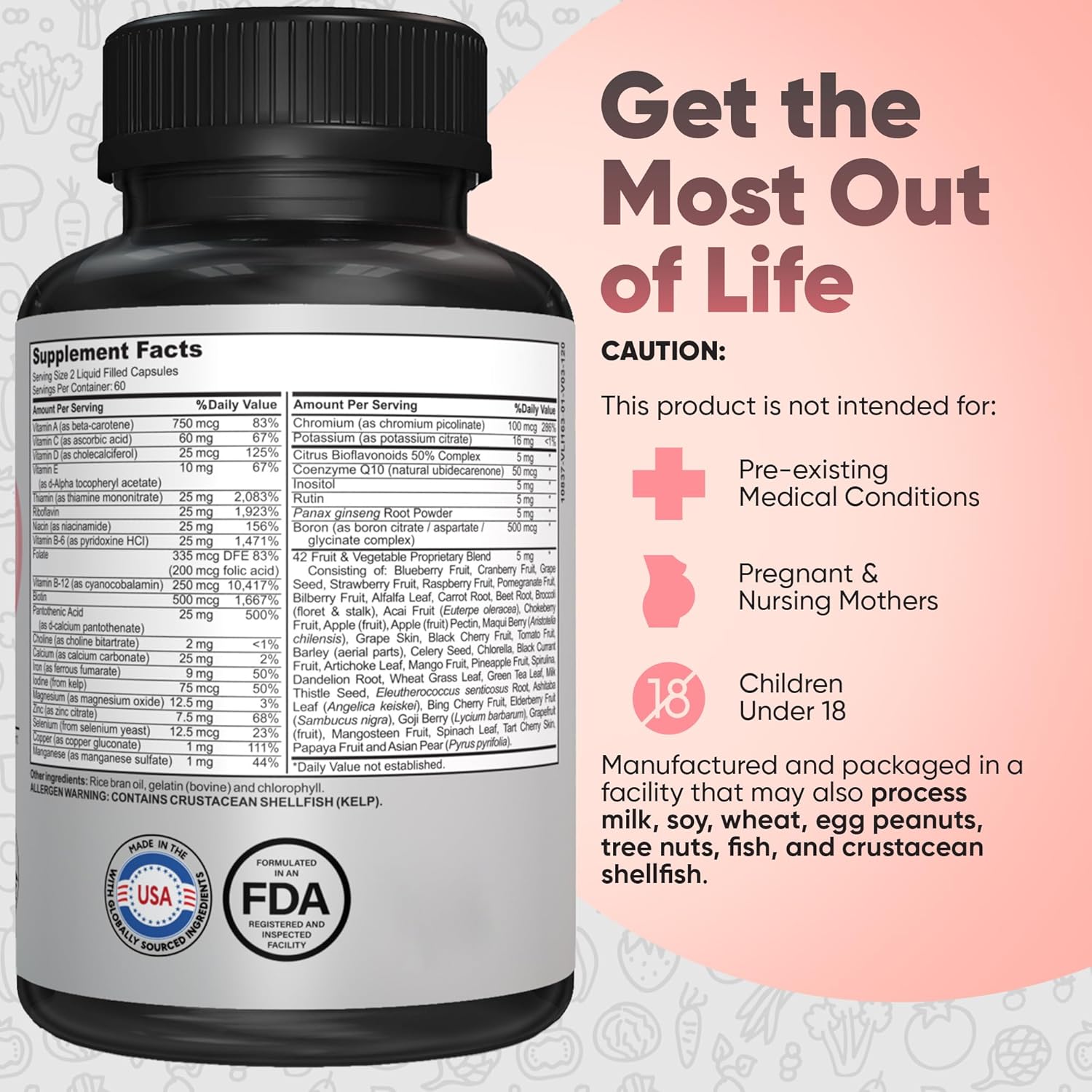 Kaitamin Bariatric Multivitamin with Iron - Liquid Capsules, 42 Fruit & Veggie Blend - 120 Capsules, 2 Month Supply