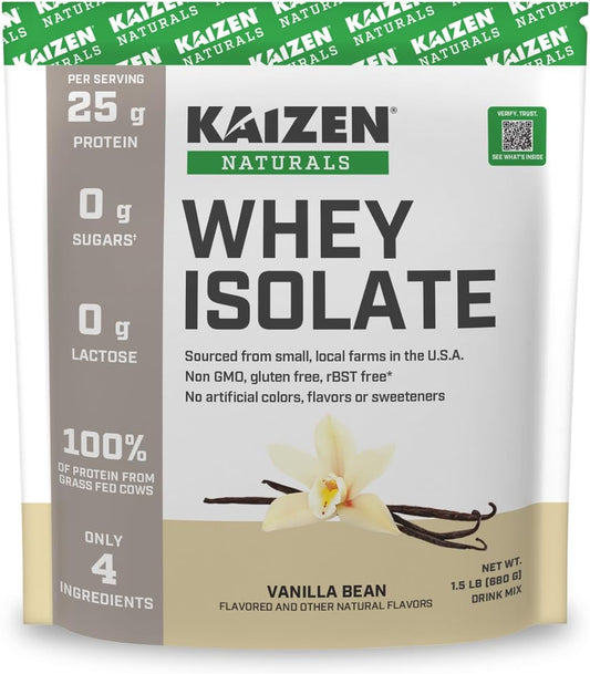 Kaizen Naturals Grass-Fed Whey Isolate: Non-GMO, Lactose & Gluten Free, 5.7g BCAA, 2.7g Leucine, 11.9g EAA, Locally Sourced, 22 Servings, 1.5lb