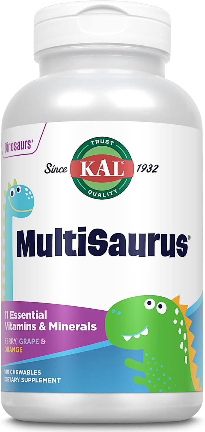KAL MultiSaurus Kids Chewable Multivitamins - Berry, Grape, Orange Flavors - Gluten & Fructose Free - 180 Dinosaur-Shaped Chewables - 180 Servings