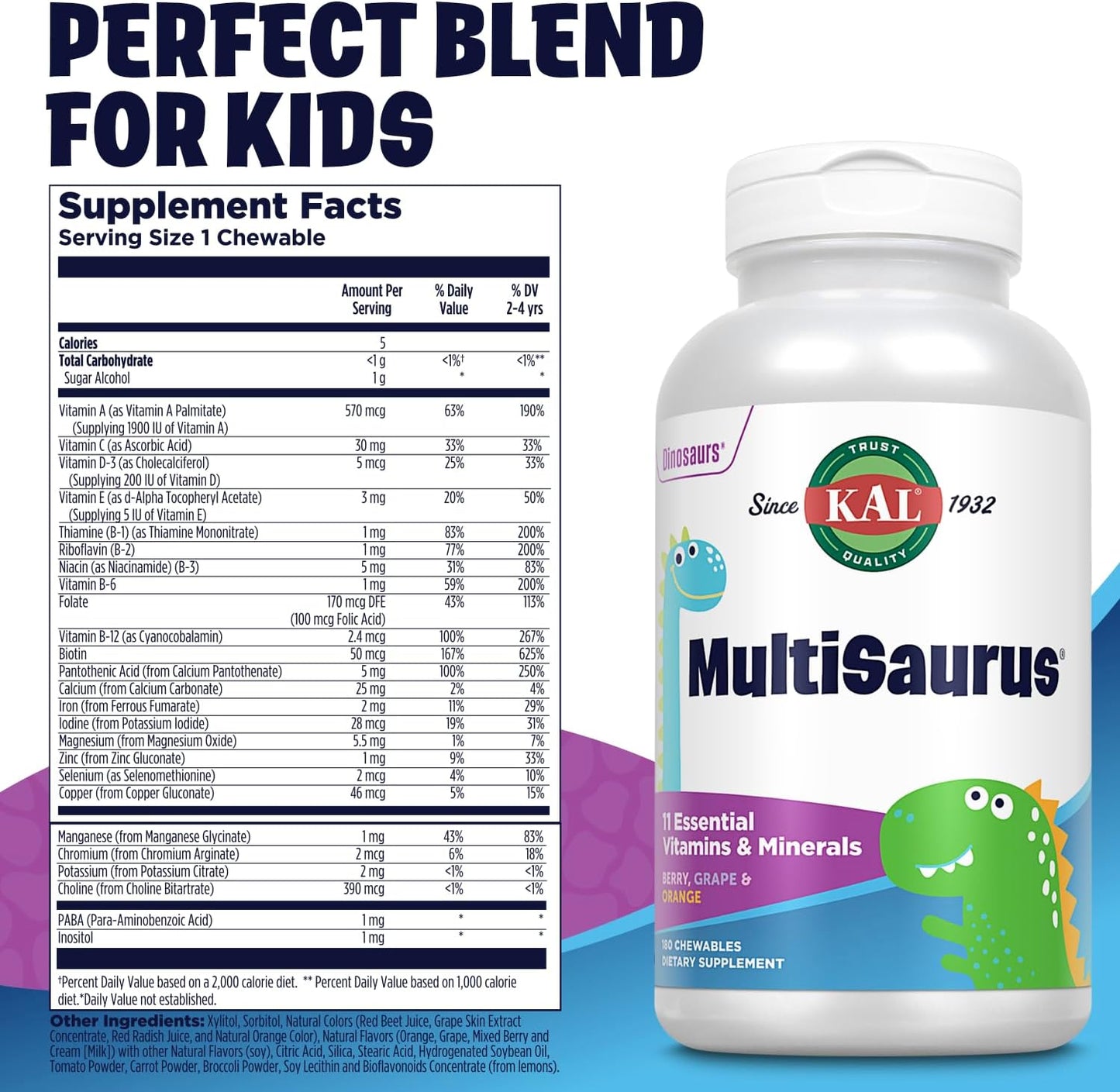 KAL MultiSaurus Kids Chewable Multivitamins - Berry, Grape, Orange Flavors - Gluten & Fructose Free - 180 Dinosaur-Shaped Chewables - 180 Servings