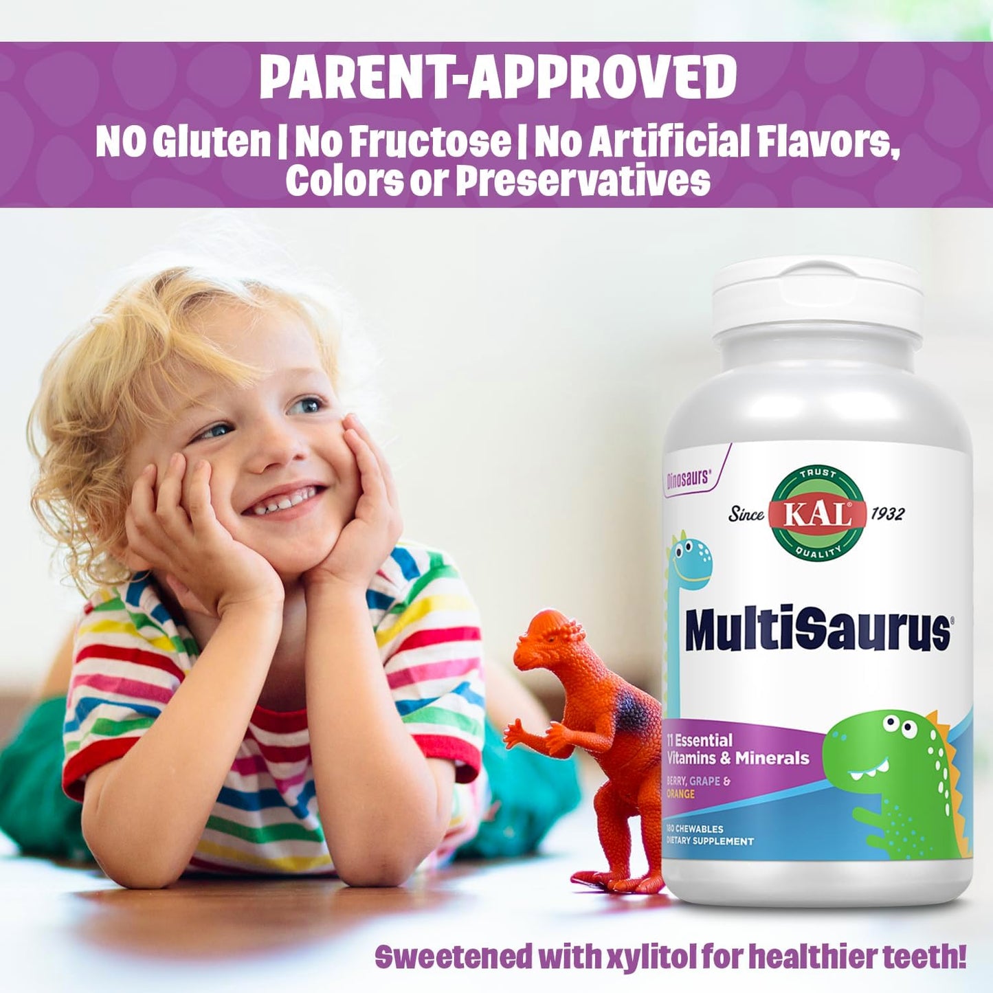 KAL MultiSaurus Kids Chewable Multivitamins - Berry, Grape, Orange Flavors - Gluten & Fructose Free - 180 Dinosaur-Shaped Chewables - 180 Servings