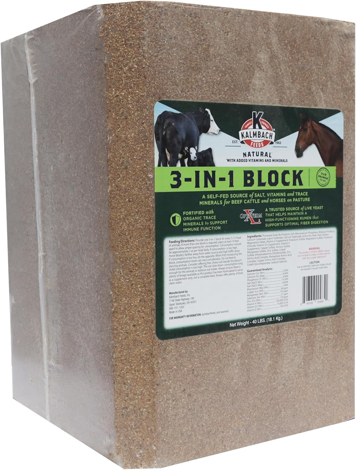 Kalmbach Feeds 3-in-1 Block for Cattle and Horses, 40 lb - All-in-One Nutrition Supplement for Livestock