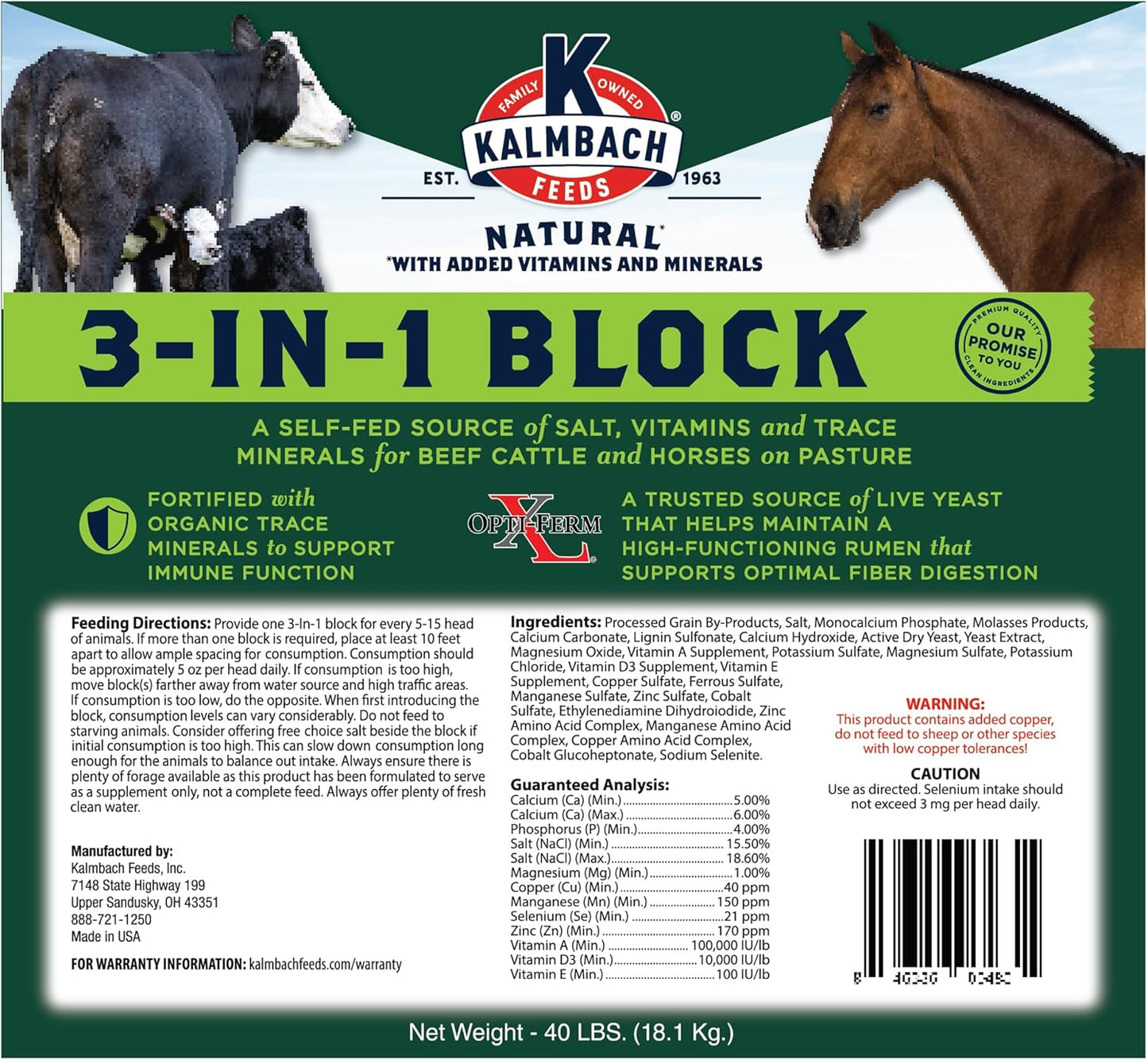 Kalmbach Feeds 3-in-1 Block for Cattle and Horses, 40 lb - All-in-One Nutrition Supplement for Livestock