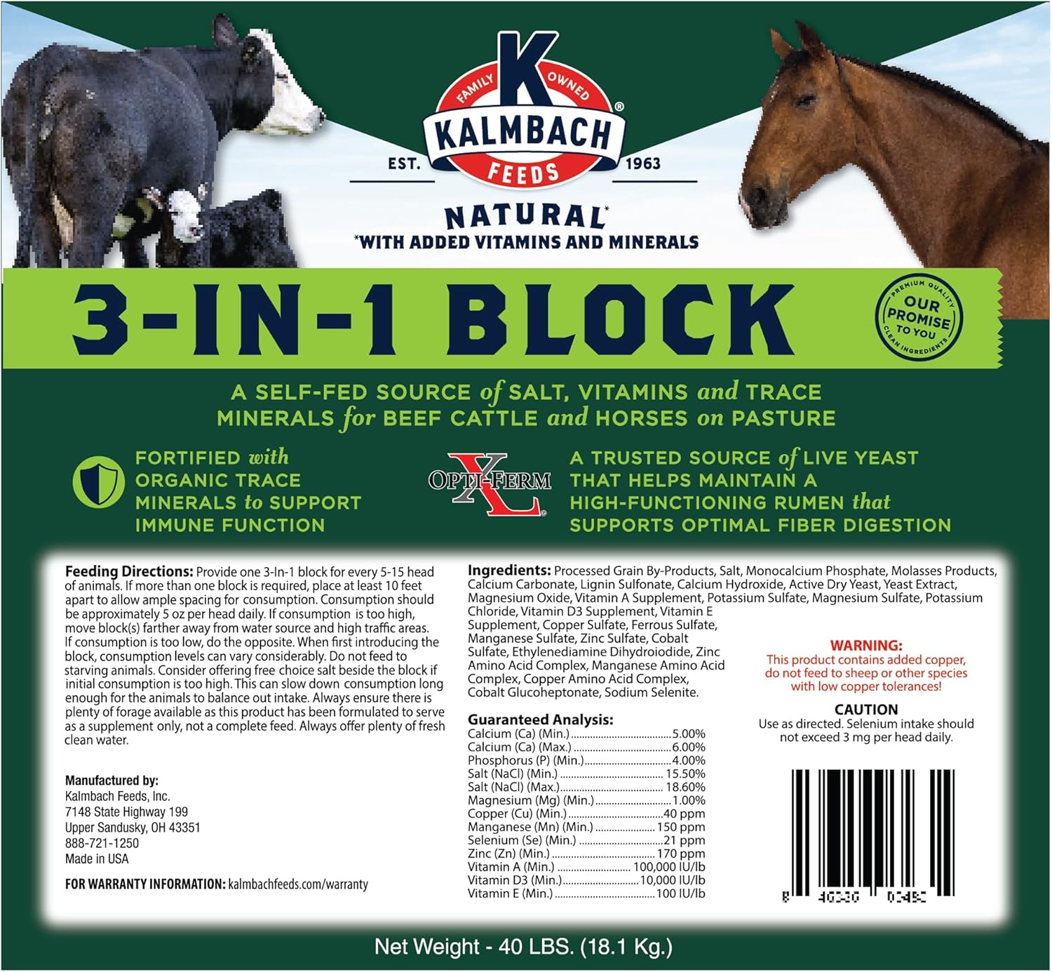 Kalmbach Feeds 3-in-1 Block for Cattle and Horses, 40 lb - All-in-One Nutrition Supplement for Livestock