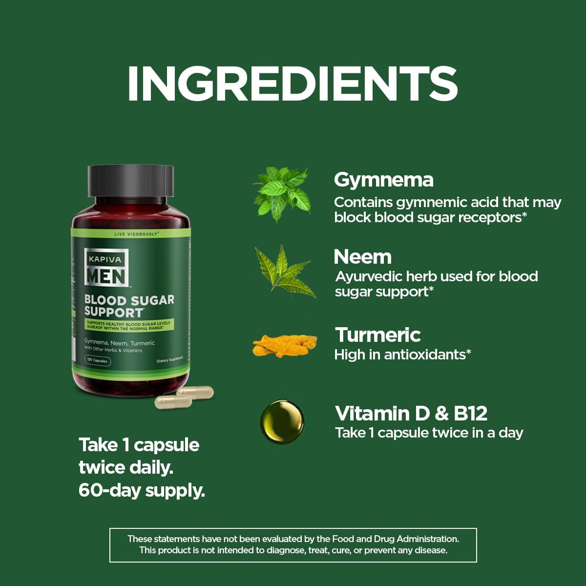 KAPIVA MEN Blood Sugar Support Supplement with Gymnema, Neem, Turmeric - 60 Capsules for Healthy Blood Sugar Levels