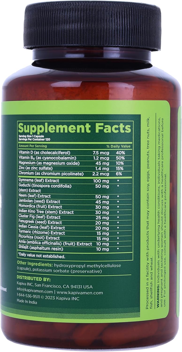 KAPIVA MEN Blood Sugar Support Supplement with Gymnema, Neem, Turmeric - 60 Capsules for Healthy Blood Sugar Levels