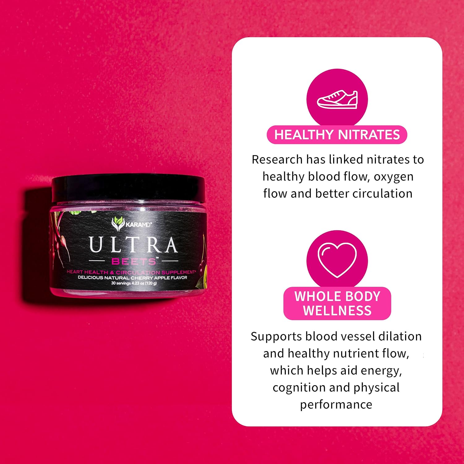 KaraMD UltraBeets: Beetroot Superfood Powder for Heart Health, Energy, & Circulation - Cherry Apple Drink Mix - 30 Servings