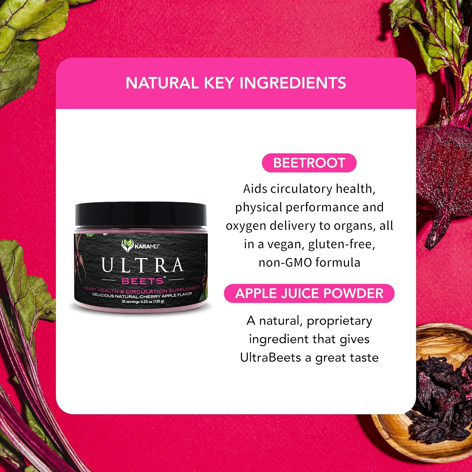 KaraMD UltraBeets: Beetroot Superfood Powder for Heart Health, Energy, & Circulation - Cherry Apple Drink Mix - 30 Servings