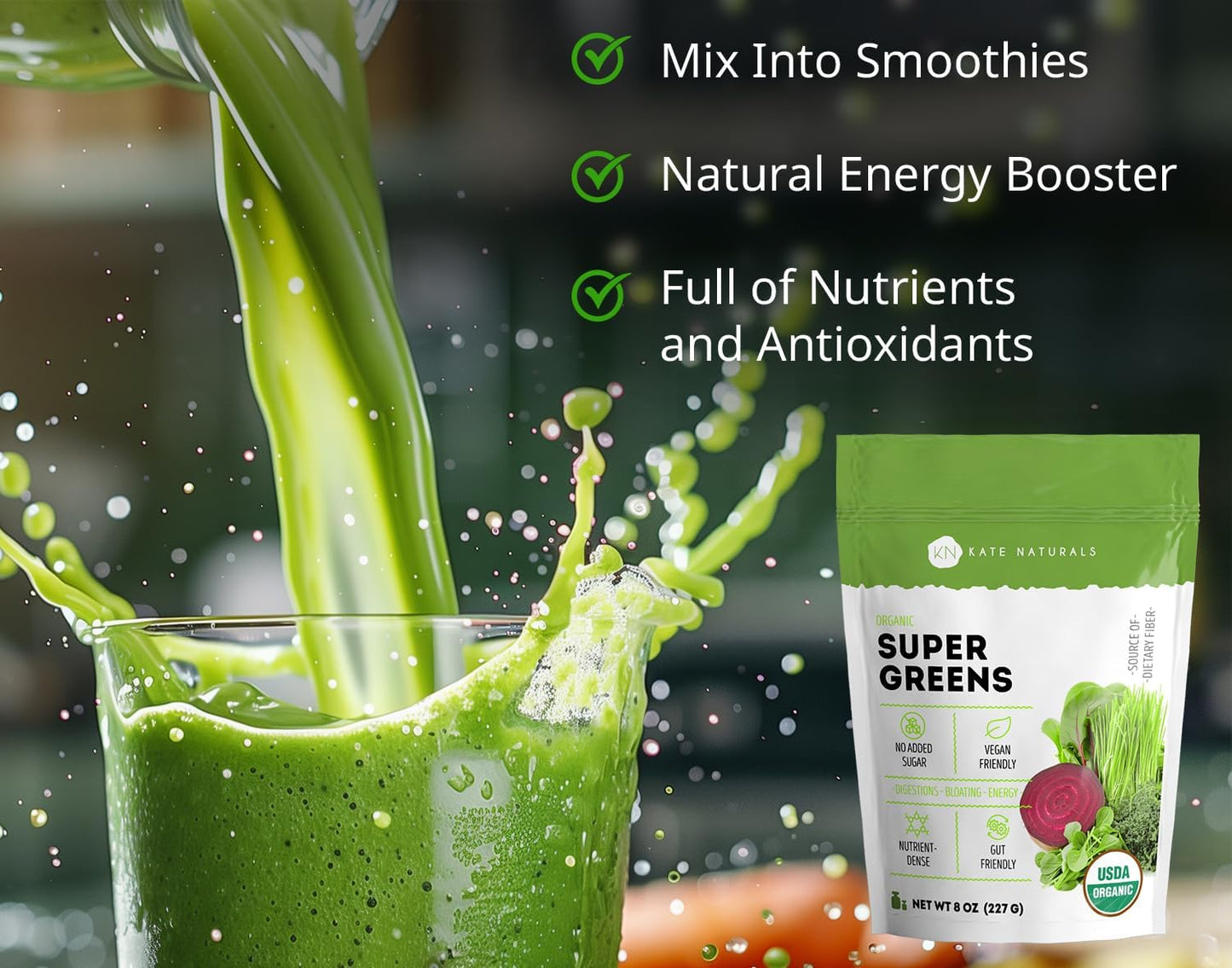 Kate Naturals Organic Super Greens Powder with Probiotics - Antioxidant Blend & Daily Fiber Supplement for Energy & Digestive Support - 30 Servings, 8oz