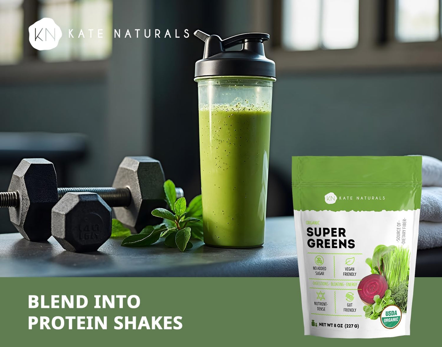 Kate Naturals Organic Super Greens Powder with Probiotics - Antioxidant Blend & Daily Fiber Supplement for Energy & Digestive Support - 30 Servings, 8oz