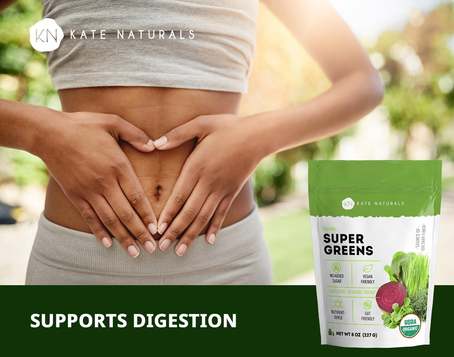 Kate Naturals Organic Super Greens Powder with Probiotics - Antioxidant Blend & Daily Fiber Supplement for Energy & Digestive Support - 30 Servings, 8oz