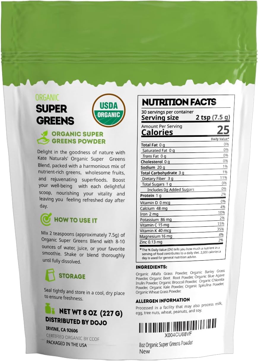 Kate Naturals Organic Super Greens Powder with Probiotics - Antioxidant Blend & Daily Fiber Supplement for Energy & Digestive Support - 30 Servings, 8oz