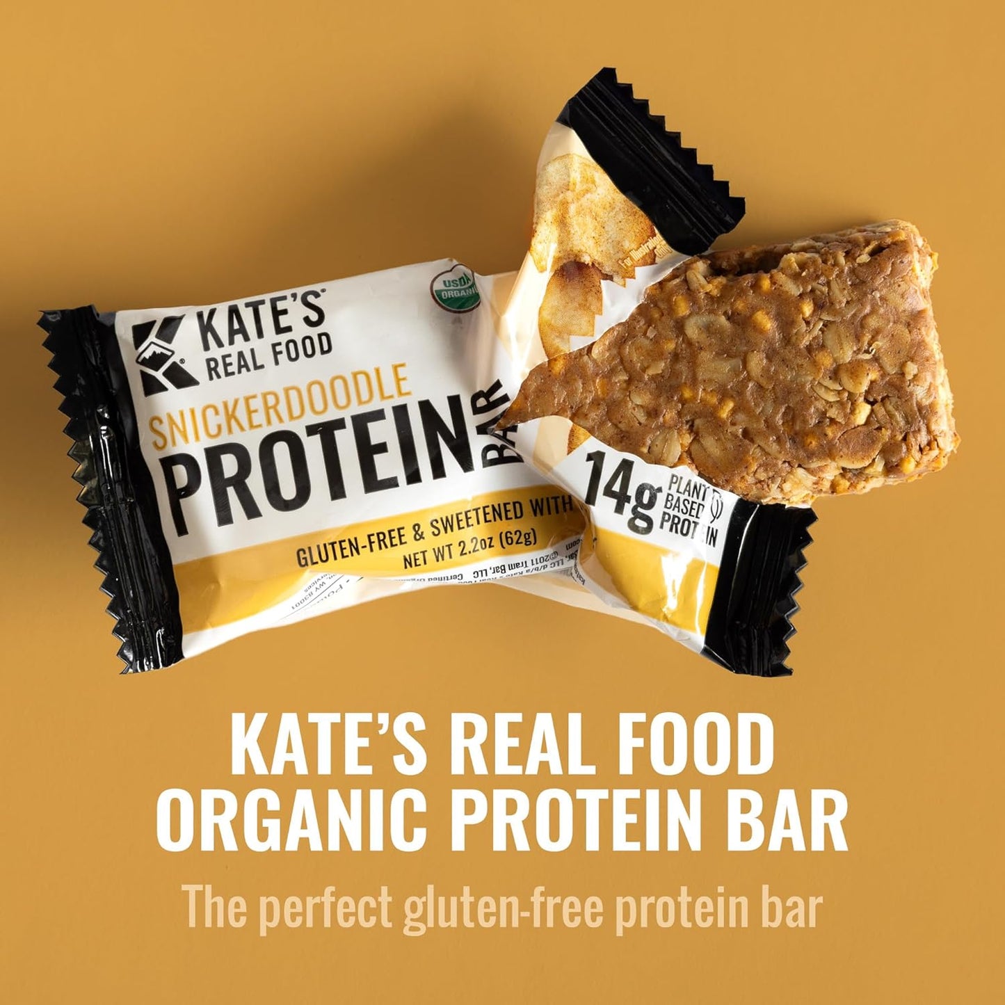 Kate’s Real Food Organic Protein Bars - Snickerdoodle Flavor, 2.2 oz, Pack of 12 - Plant Based, Gluten Free, Soy Free, Non GMO, Whole Grains, All Natural