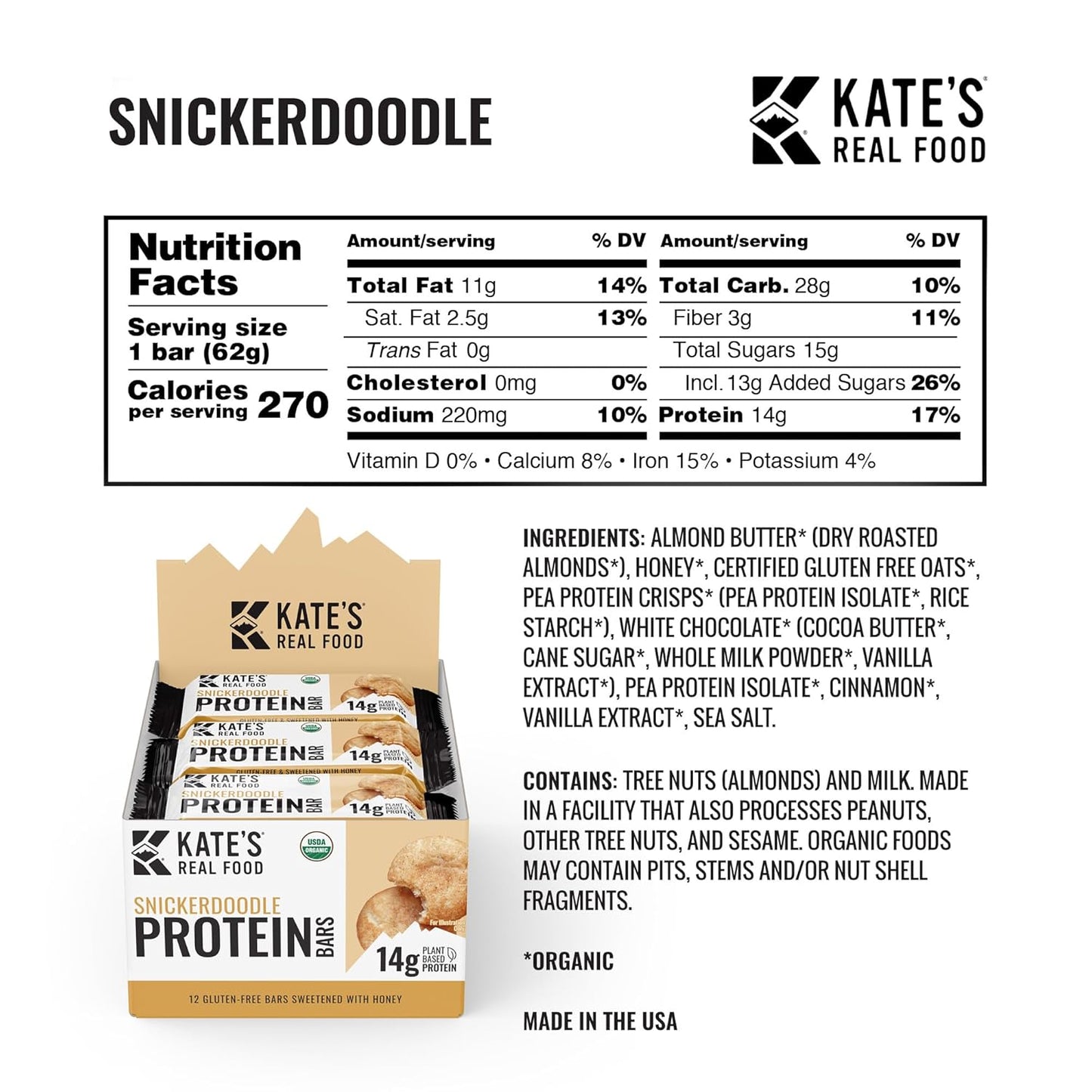 Kate’s Real Food Organic Protein Bars - Snickerdoodle Flavor, 2.2 oz, Pack of 12 - Plant Based, Gluten Free, Soy Free, Non GMO, Whole Grains, All Natural