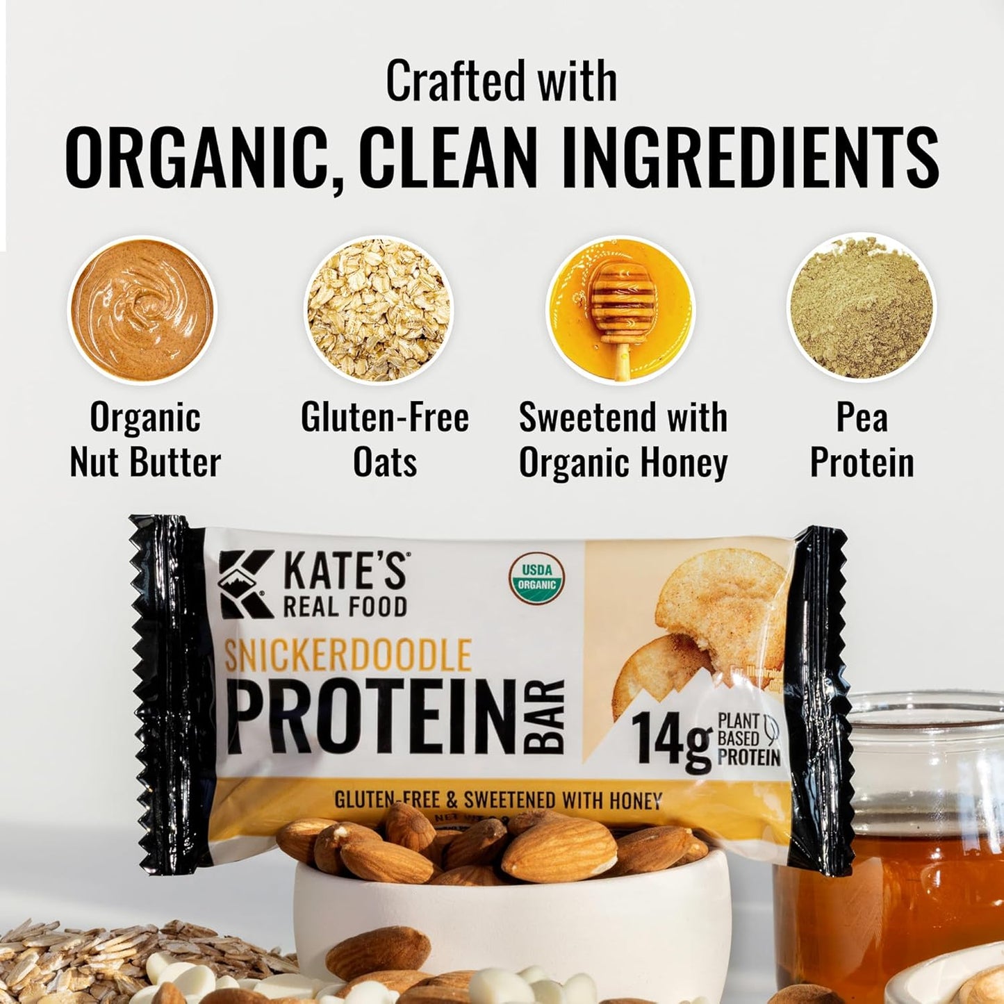 Kate’s Real Food Organic Protein Bars - Snickerdoodle Flavor, 2.2 oz, Pack of 12 - Plant Based, Gluten Free, Soy Free, Non GMO, Whole Grains, All Natural