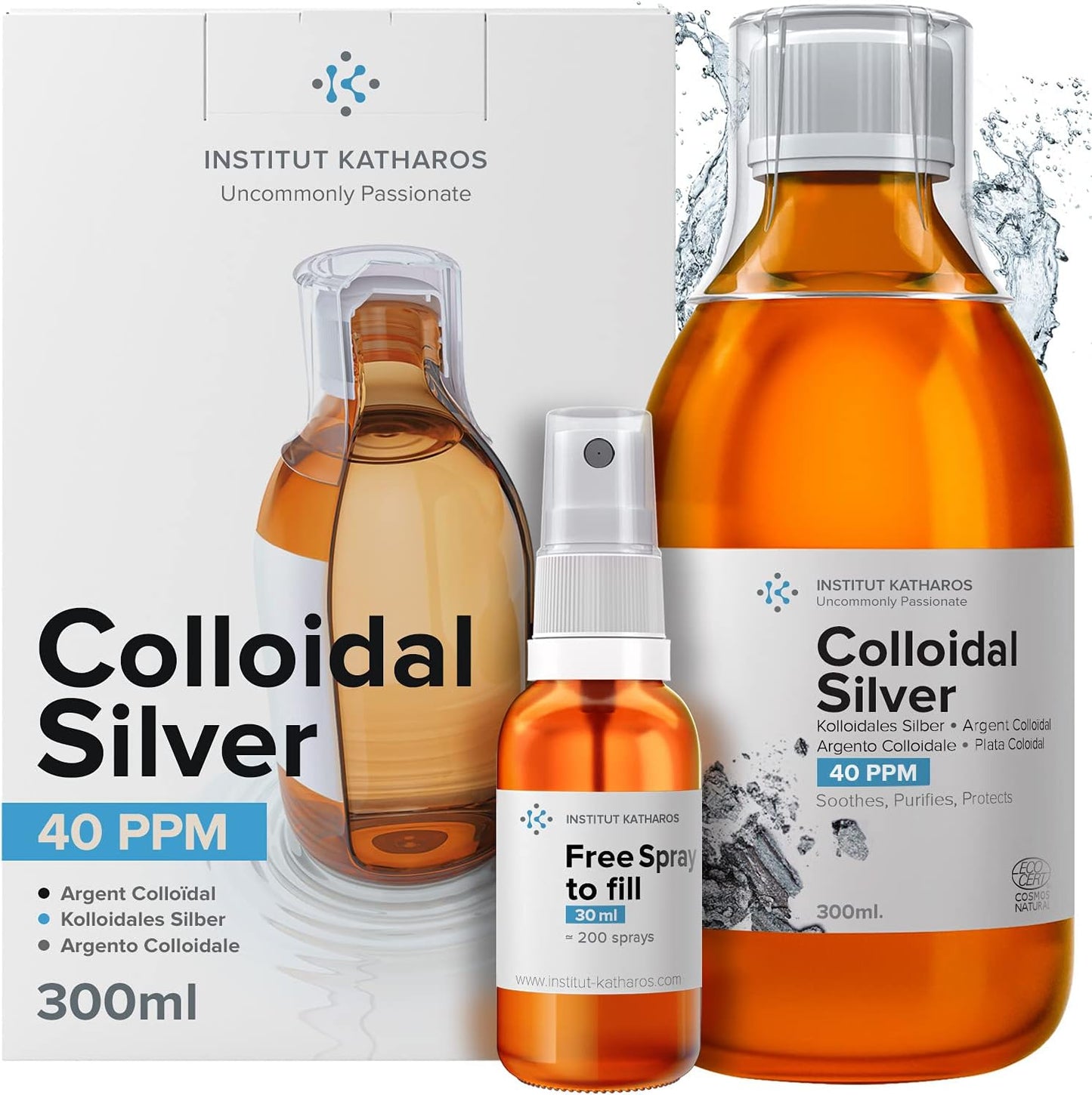Katharos Colloidal Silver Liquid & Spray Set - 10 fl oz - Immune Support Solution - Nano Sol Supplement - 40 PPM Ionic Minerals - Organic Plata Coloidal