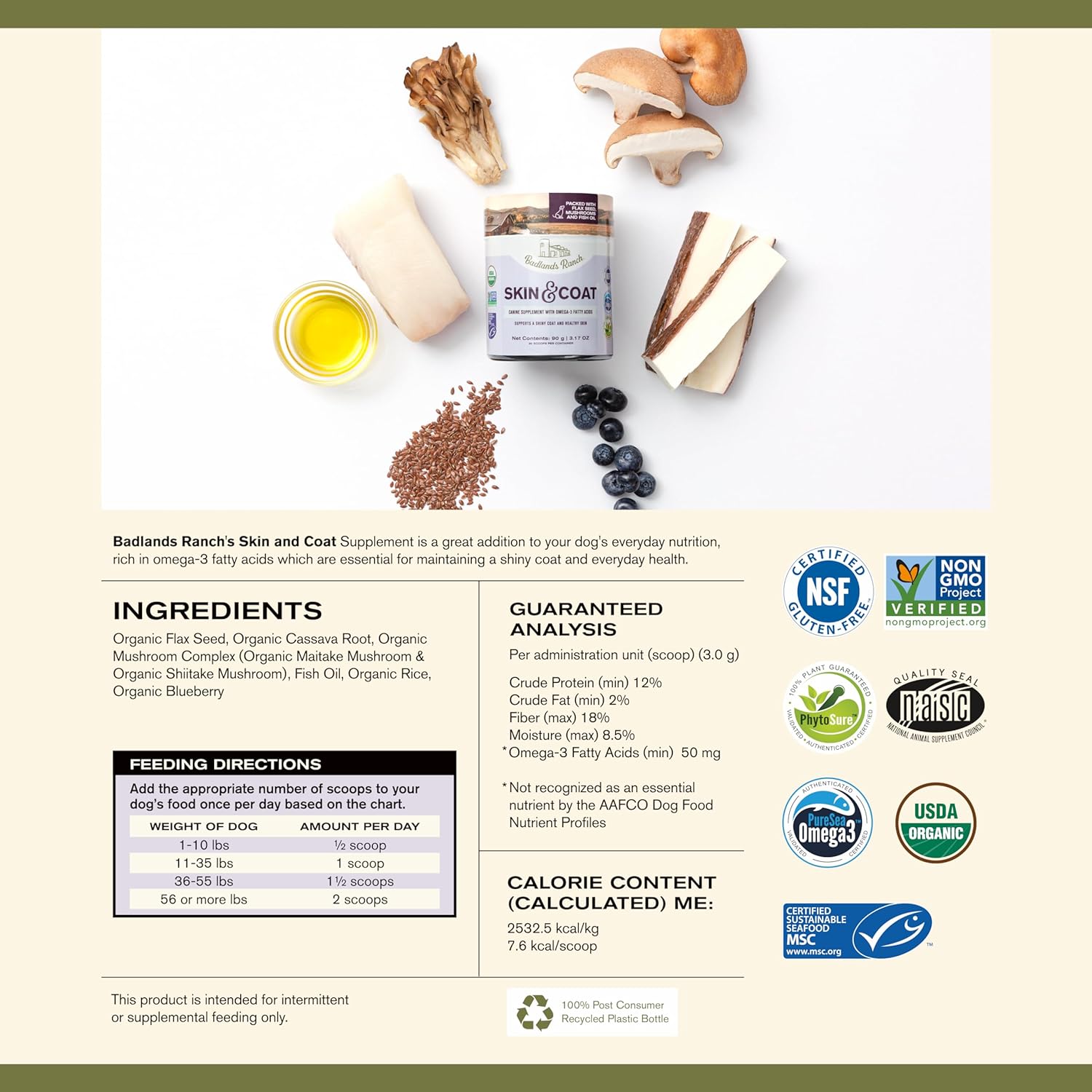 Katherine Heigl Badlands Ranch Canine Supplement with Omega-3 Fatty Acids and Organic Ingredients for Healthy Skin and Coat - 30 Scoops