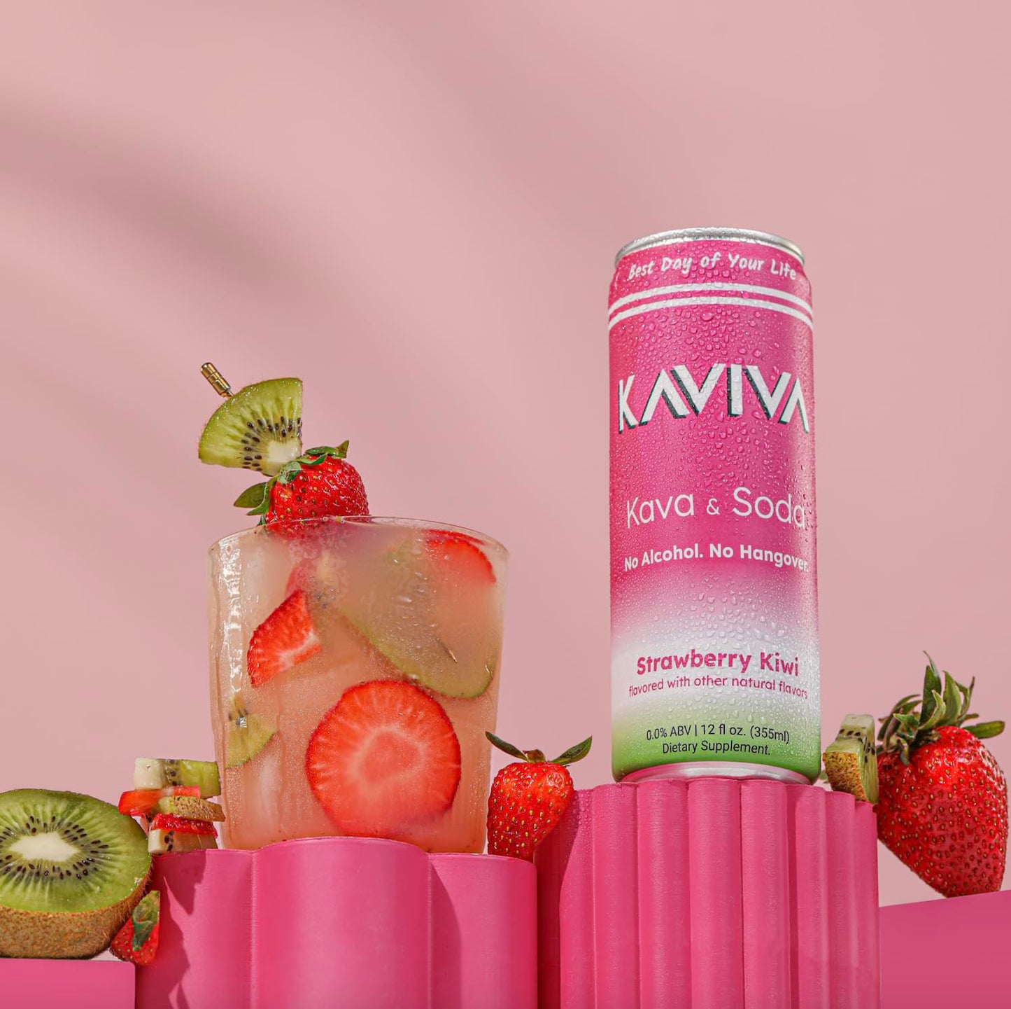 Kaviva Strawberry Kiwi Kava & Soda Seltzer 8-Pack - Low Calorie, Gluten Free, Vegan Drink for Social Buzz