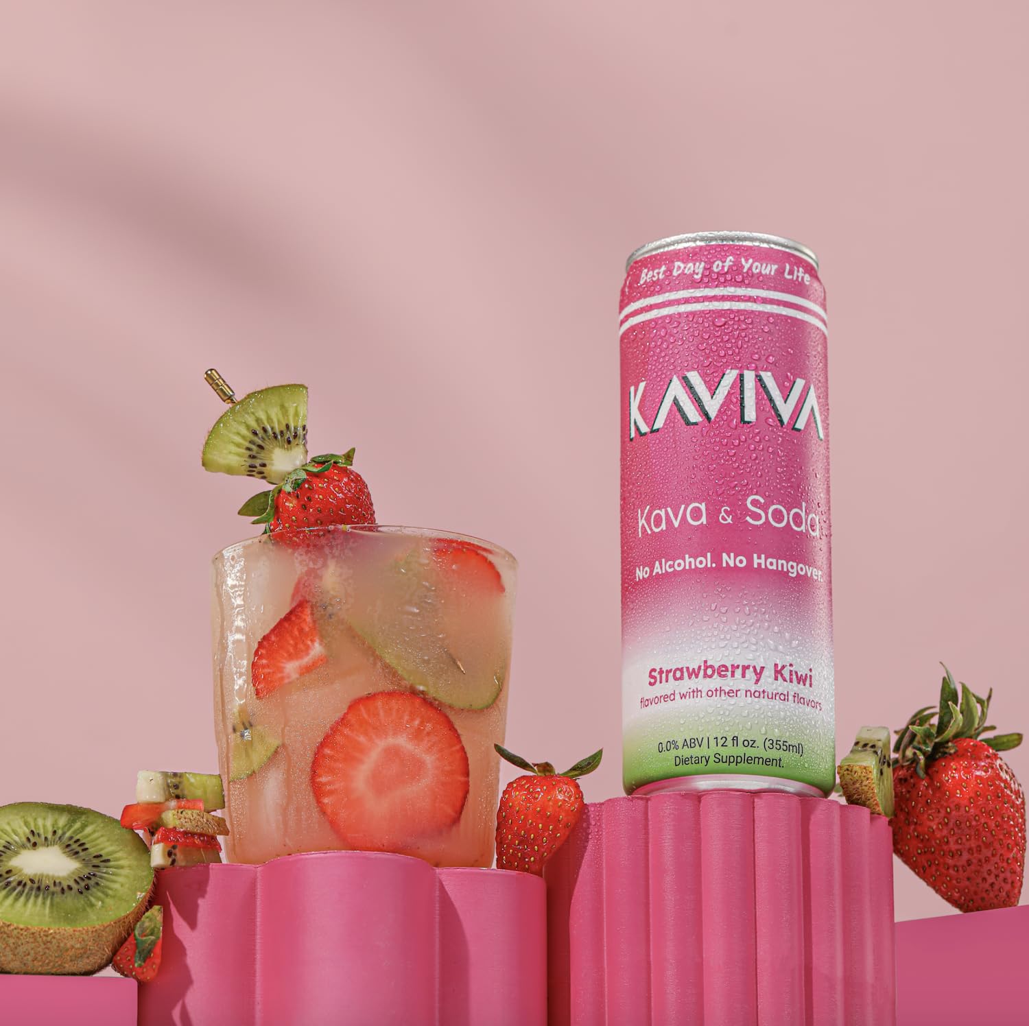 Kaviva Strawberry Kiwi Kava & Soda Seltzer 8-Pack - Low Calorie, Gluten Free, Vegan Drink for Social Buzz