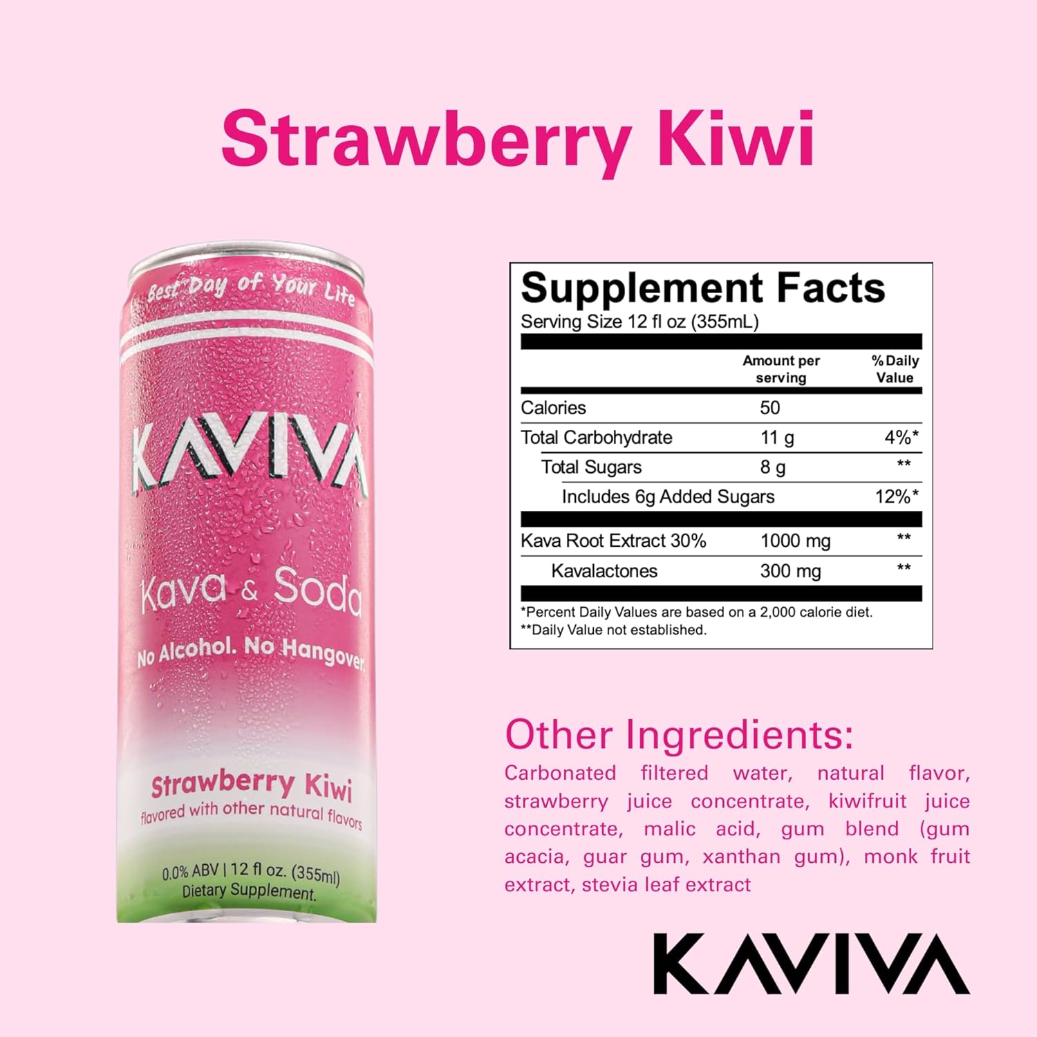 Kaviva Strawberry Kiwi Kava & Soda Seltzer 8-Pack - Low Calorie, Gluten Free, Vegan Drink for Social Buzz