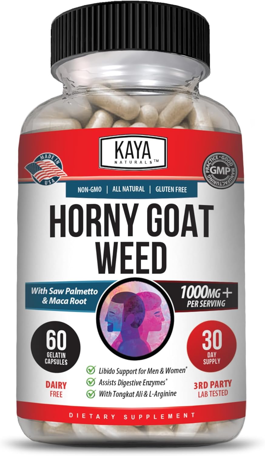 Kaya Naturals Horny Goat Weed with Maca, Saw Palmetto, Ginseng, Arginine and Vitamins - 60 Count