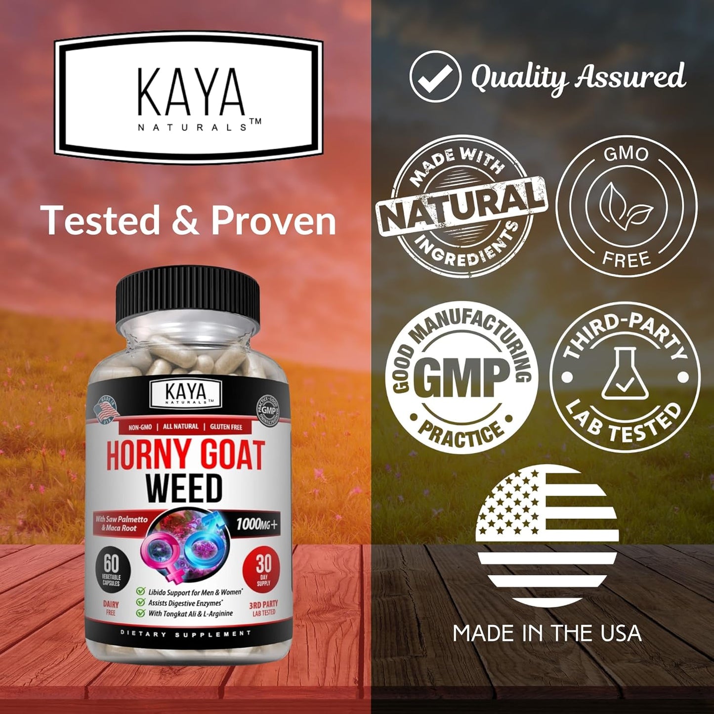 Kaya Naturals Horny Goat Weed with Maca, Saw Palmetto, Ginseng, Arginine and Vitamins - 60 Count