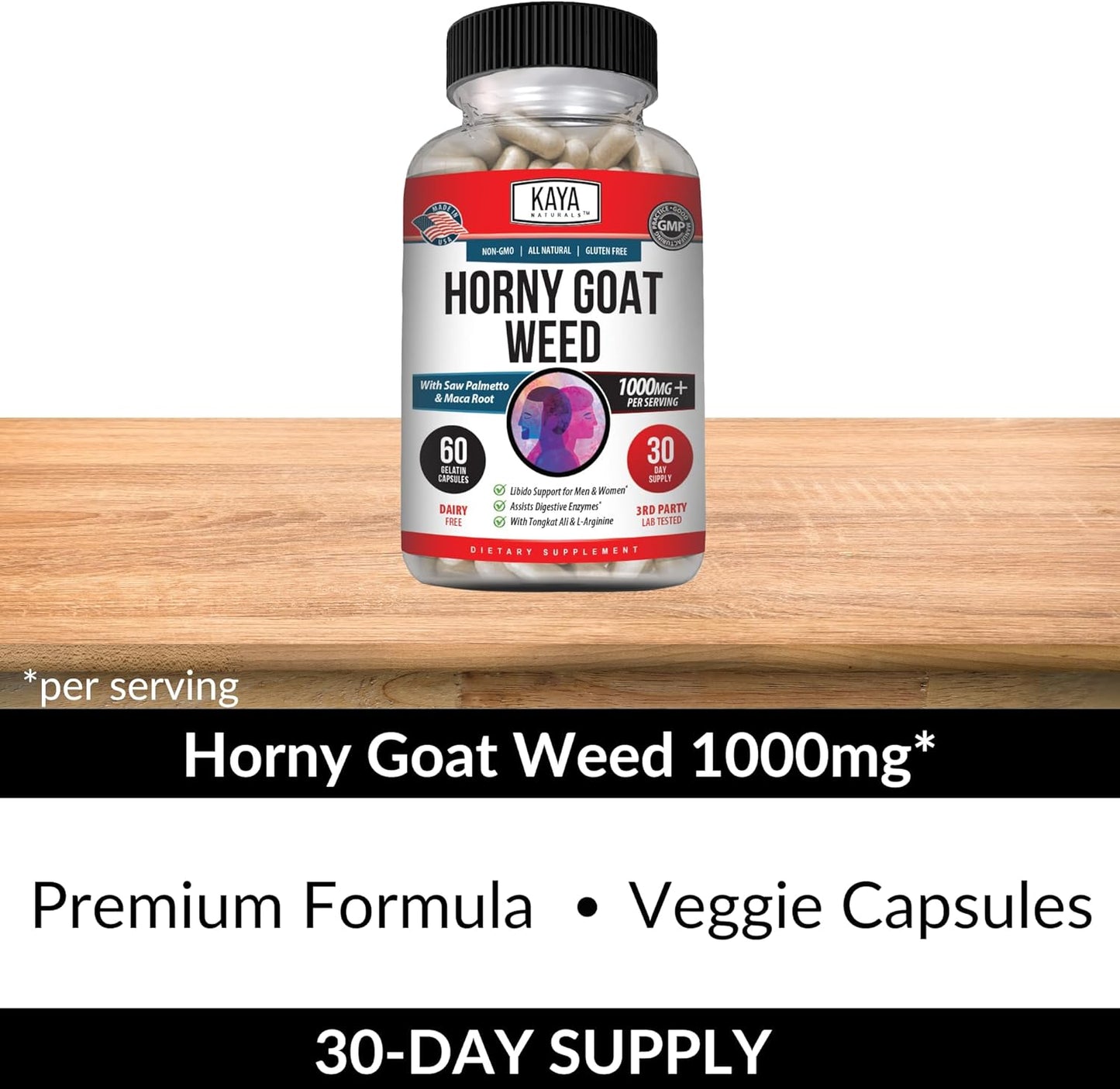 Kaya Naturals Horny Goat Weed with Maca, Saw Palmetto, Ginseng, Arginine and Vitamins - 60 Count