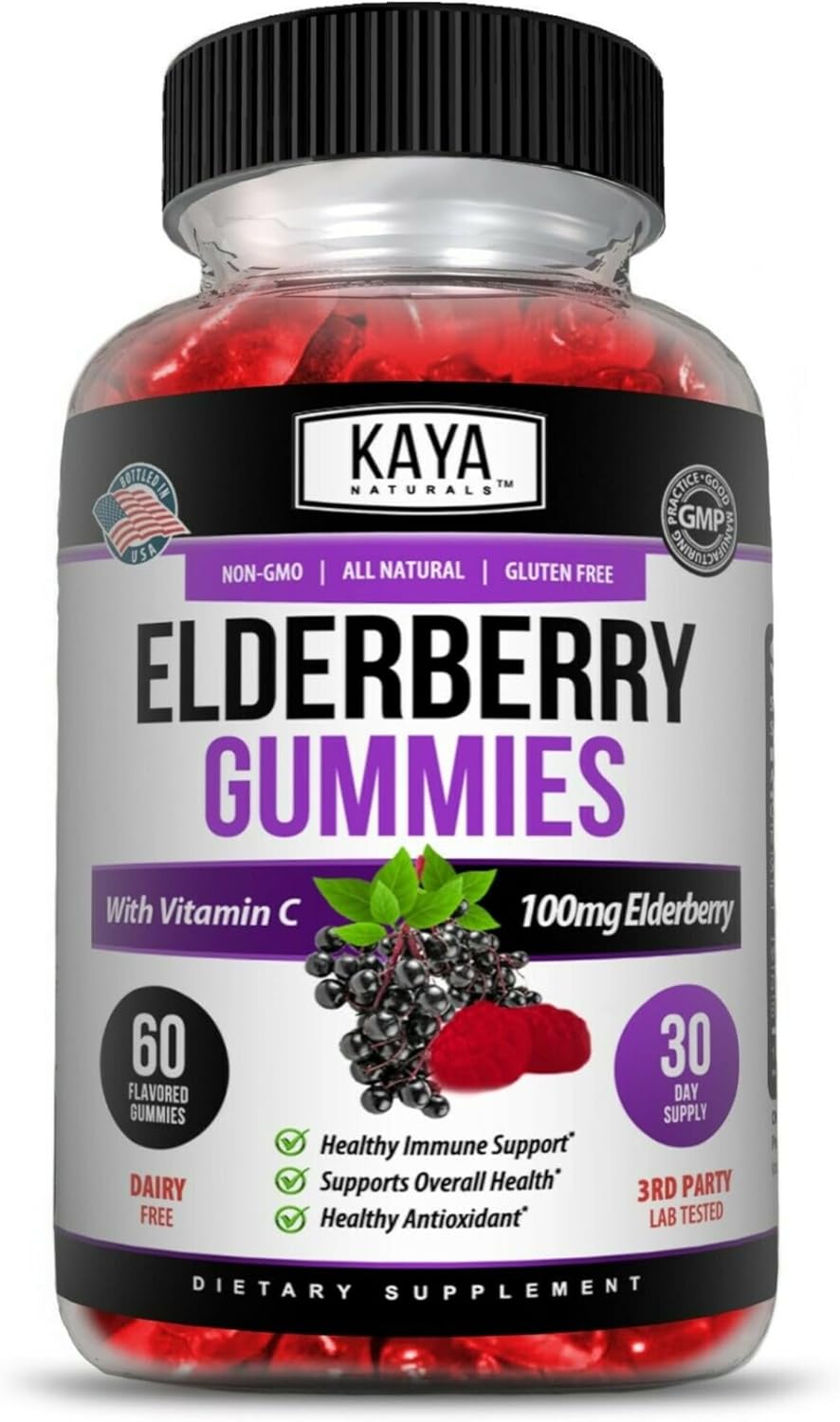 Kaya Naturals Immune Support Gummies - Boost Immunity with Vitamins A, C, D, E, Elderberry, Zinc, Electrolytes - Non-GMO Lemon Flavor - 60 Count