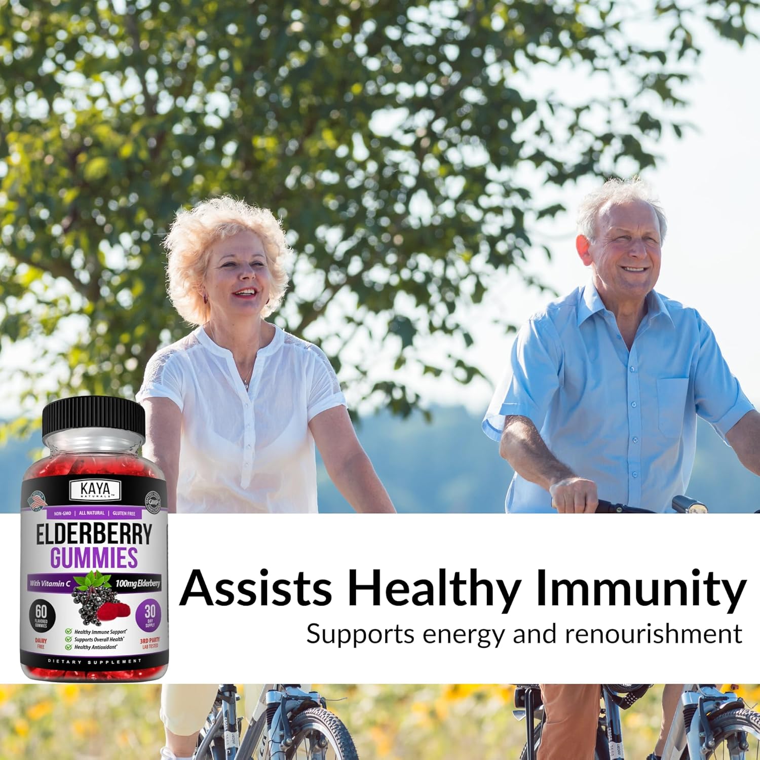 Kaya Naturals Immune Support Gummies - Boost Immunity with Vitamins A, C, D, E, Elderberry, Zinc, Electrolytes - Non-GMO Lemon Flavor - 60 Count