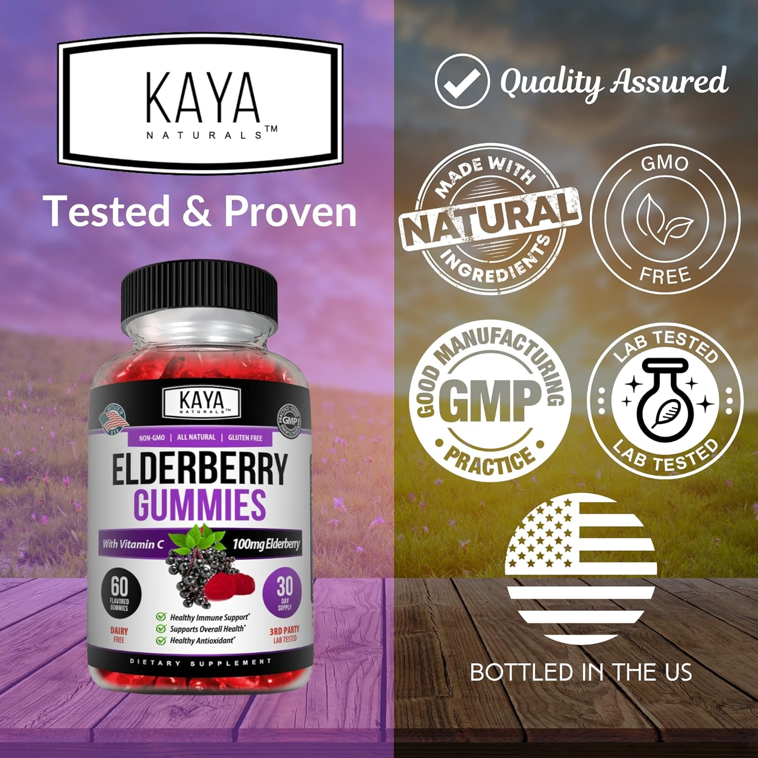Kaya Naturals Immune Support Gummies - Boost Immunity with Vitamins A, C, D, E, Elderberry, Zinc, Electrolytes - Non-GMO Lemon Flavor - 60 Count