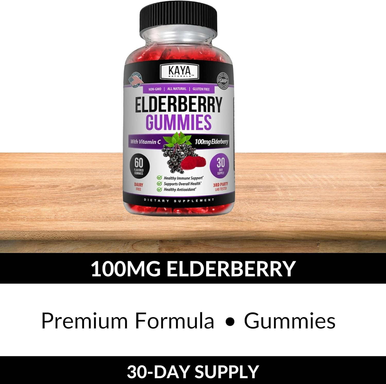 Kaya Naturals Immune Support Gummies - Boost Immunity with Vitamins A, C, D, E, Elderberry, Zinc, Electrolytes - Non-GMO Lemon Flavor - 60 Count