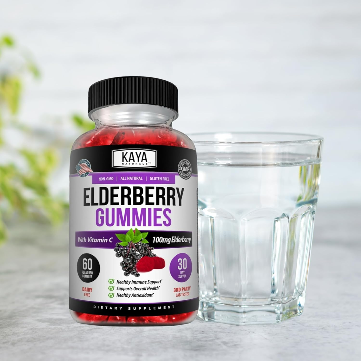 Kaya Naturals Immune Support Gummies - Boost Immunity with Vitamins A, C, D, E, Elderberry, Zinc, Electrolytes - Non-GMO Lemon Flavor - 60 Count