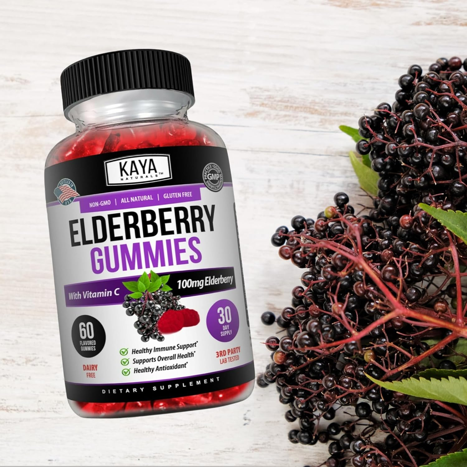 Kaya Naturals Immune Support Gummies - Boost Immunity with Vitamins A, C, D, E, Elderberry, Zinc, Electrolytes - Non-GMO Lemon Flavor - 60 Count