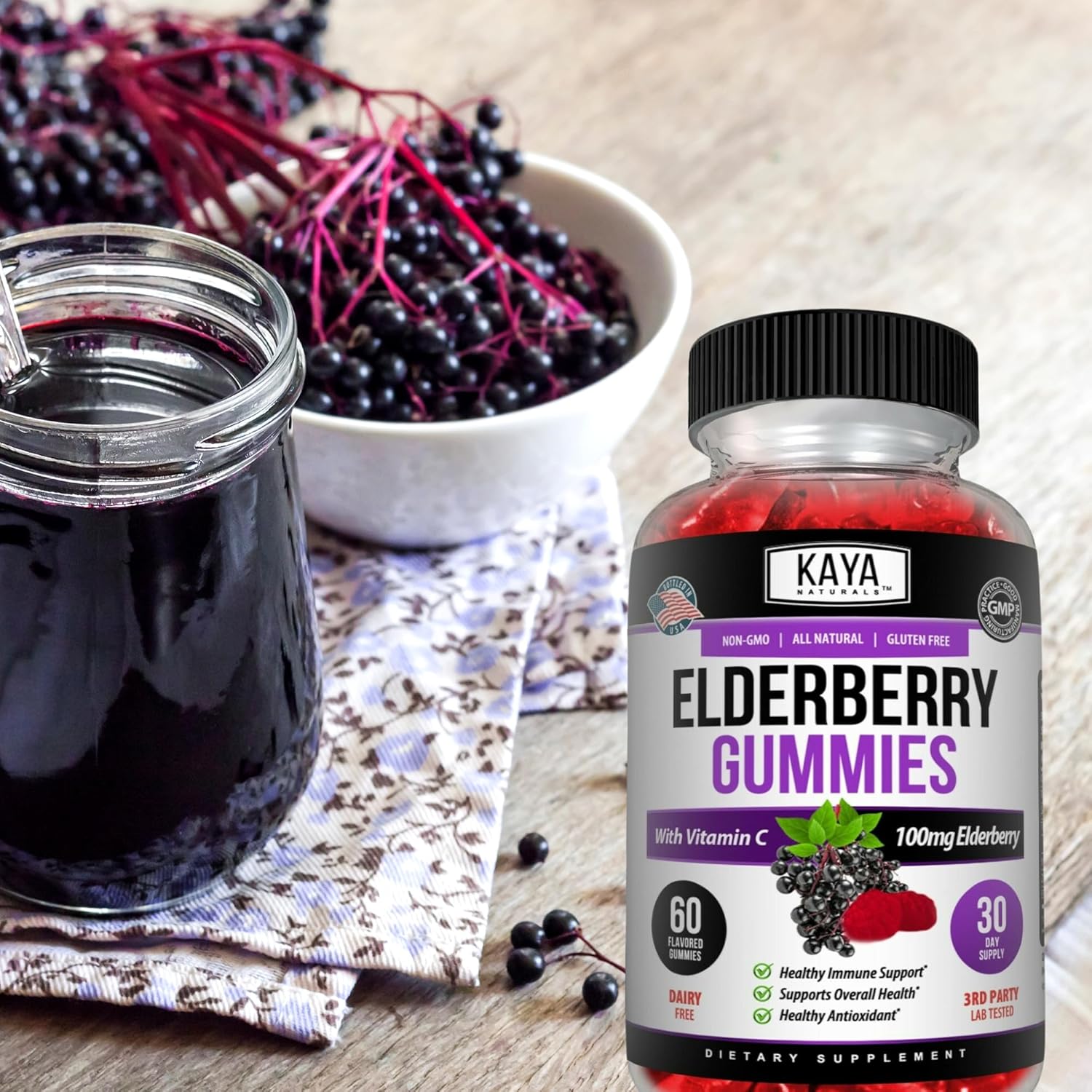 Kaya Naturals Immune Support Gummies - Boost Immunity with Vitamins A, C, D, E, Elderberry, Zinc, Electrolytes - Non-GMO Lemon Flavor - 60 Count