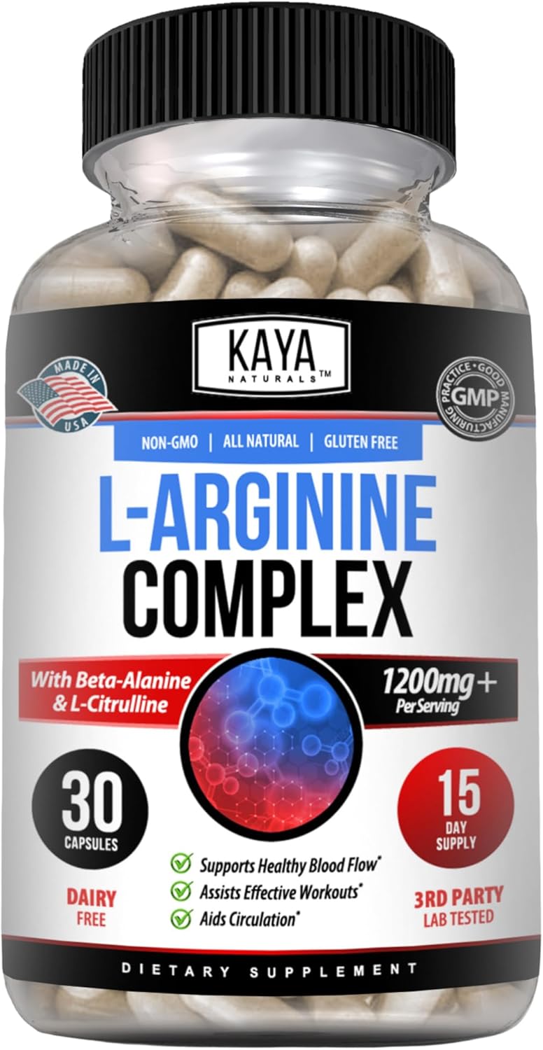 Kaya Naturals L-Arginine Herbal Supplement - Boost Energy, Nighttime Performance - 60 Capsules