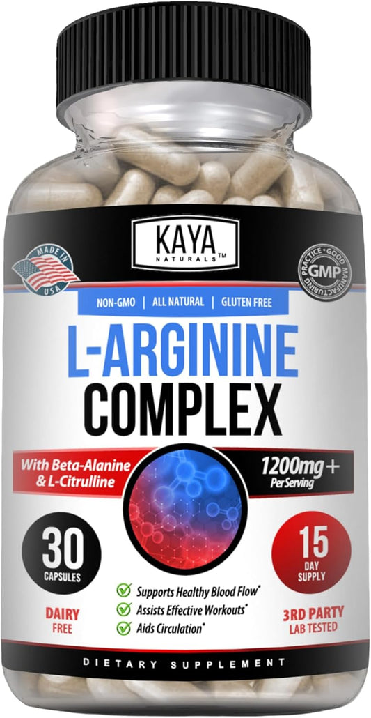 Kaya Naturals L-Arginine Herbal Supplement - Boost Energy, Nighttime Performance - 60 Capsules